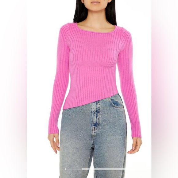 FOREVER21 NWT Bright Pink Square Neck Asymmetrical Ribbed Knit Sweater Shirt M - Picture 3 of 16